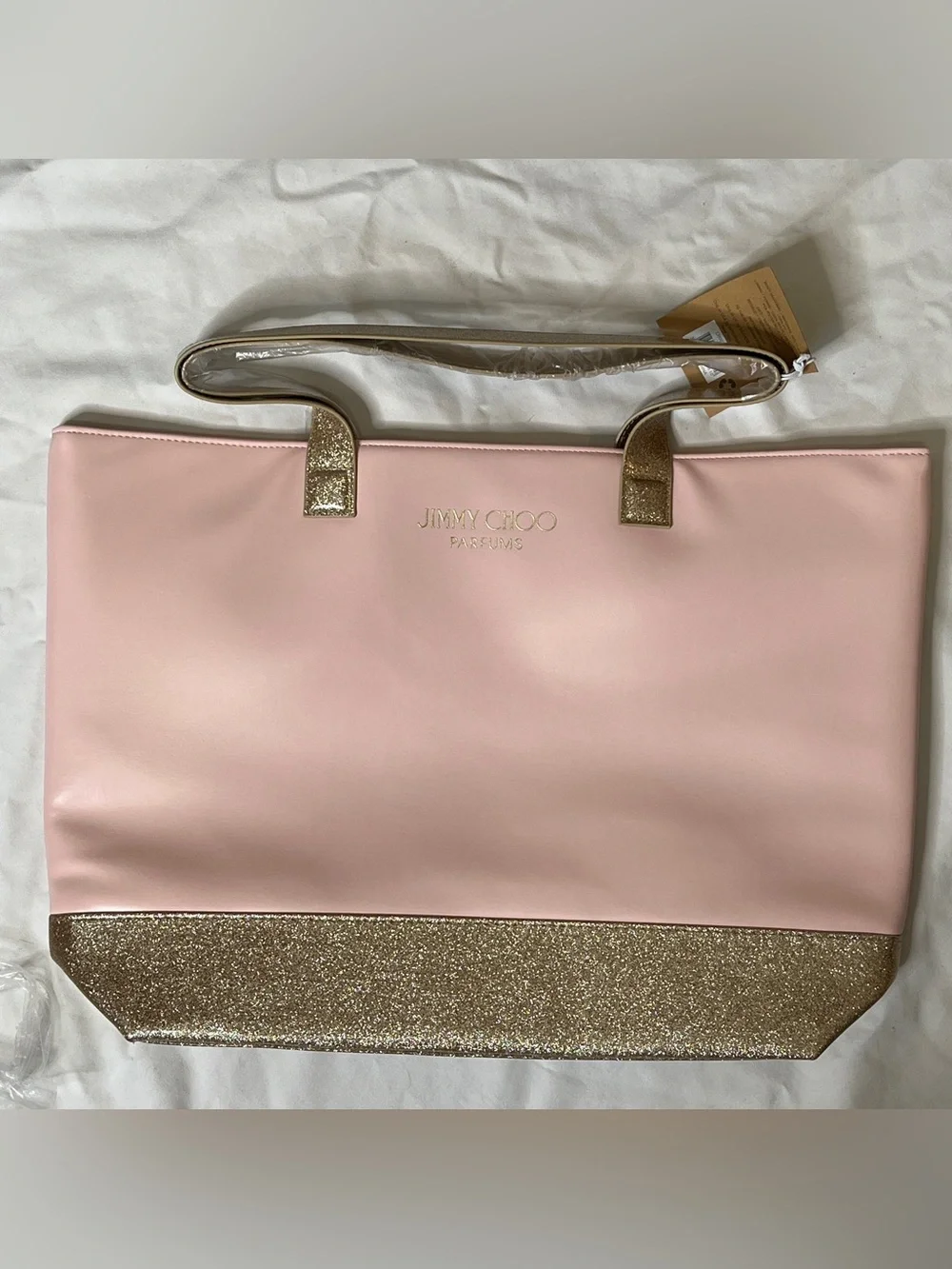 Jimmy Choo Parfum Tote Bag Pink & Gold Glitter Large Shoulder Bag Faux Leather
